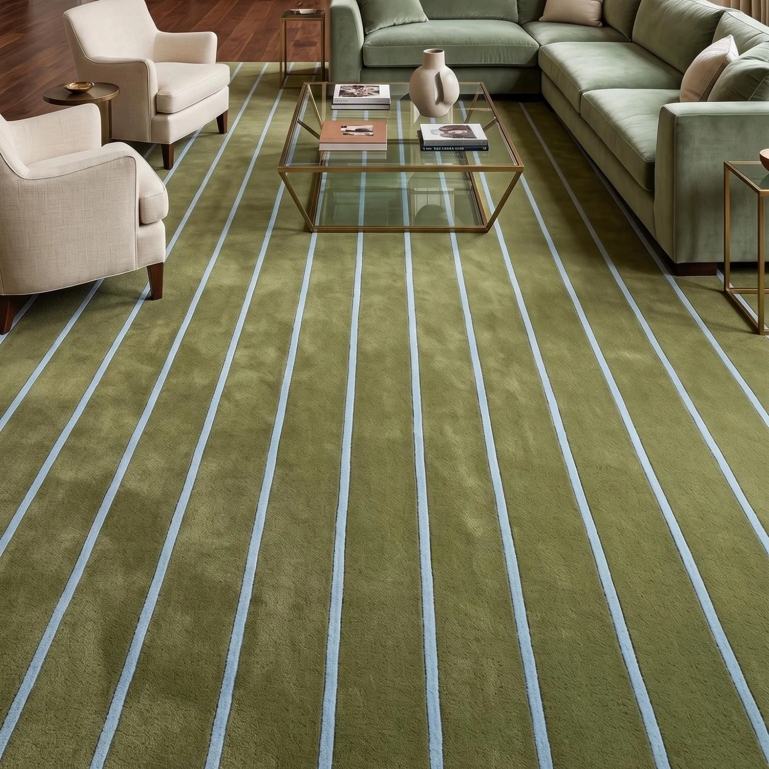 Room Decor Rug  H1and Tufted Ol Green PinstR1ipe Wool Area Rug, Modern Minimalist Floor DE1cor