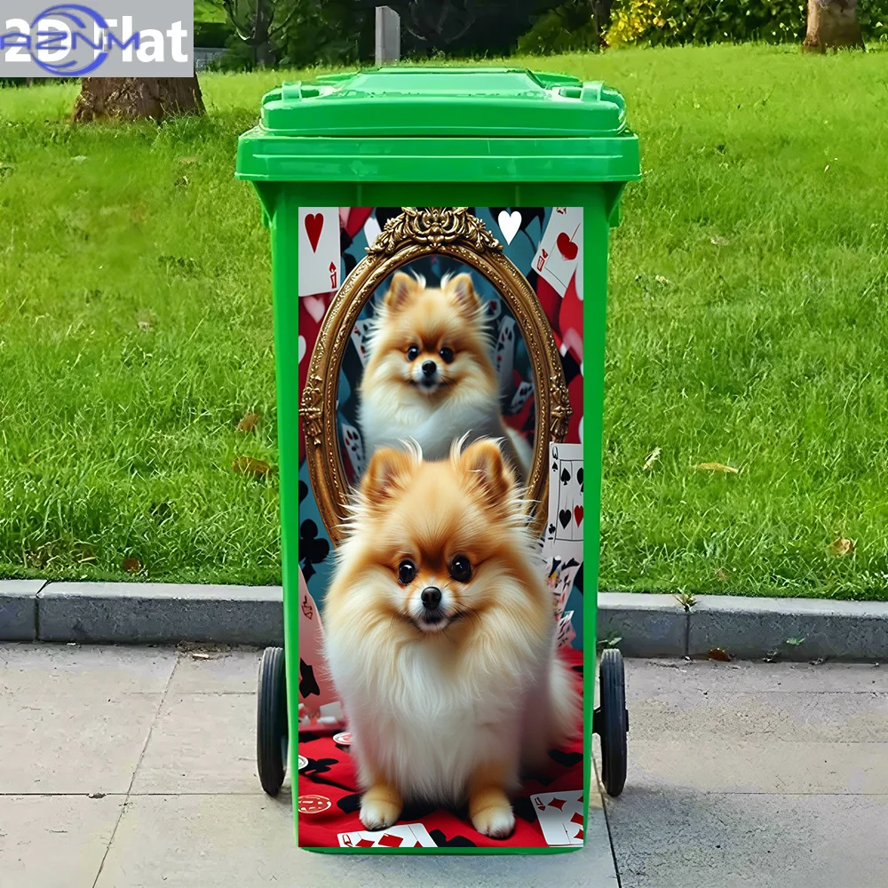 1pc 2D Flat Pomeranian Puppy with Vintage Mirror and Playing Cards Trash Can Sticker – Self-Adhesive Waterproof PVC Decal for view 5