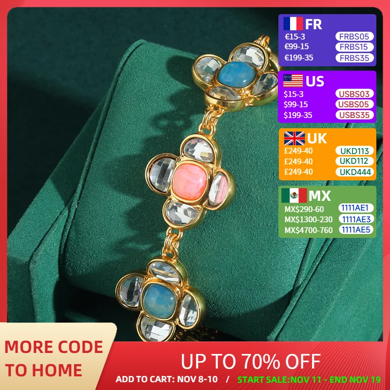 

Vintage Jewelry Pink Crystal Clover Four Flower Bracelets For Wedding Luxury Designer Antique Accessories Valentine Day Gift