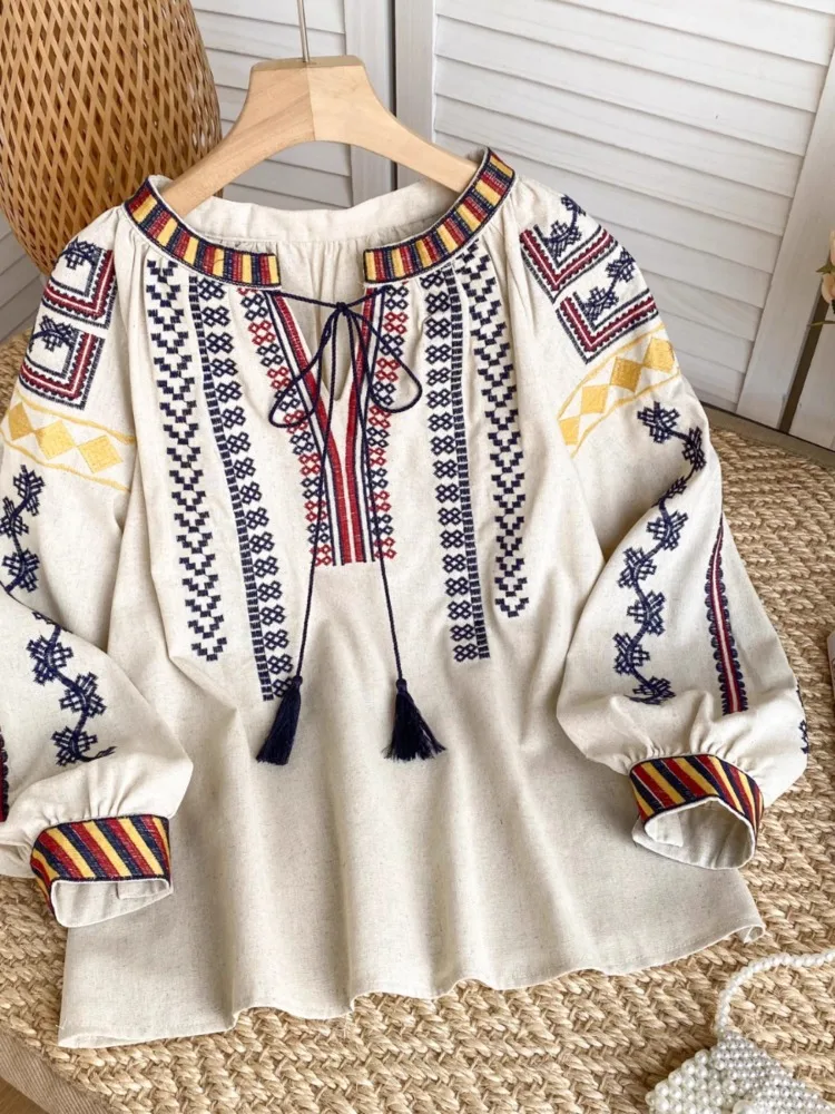 Hikigawa Chic Fashion Women Vintage Heavy Embroidery Loose Shirts Casual All Match National Style V Neck Blouse Tops Mujer