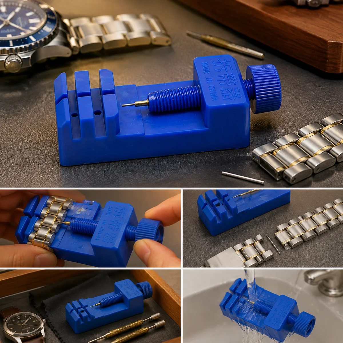 Blue Watch Band Link Remover Tool for Metal Bracelet Adjustment, Watch Repair Pin Pusher with 3 Slot Sizes