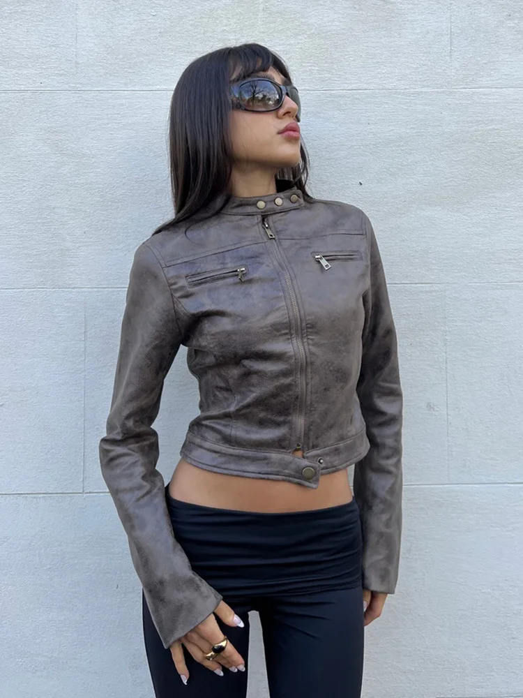 

Осенняя киберпанк темная готическая укороченная куртка из искусственной кожи женская уличная одежда в стиле Харадзюку хип-хоп эмо альтернативная кожаная куртка с длинными рукавами женские пальто с капюшоном