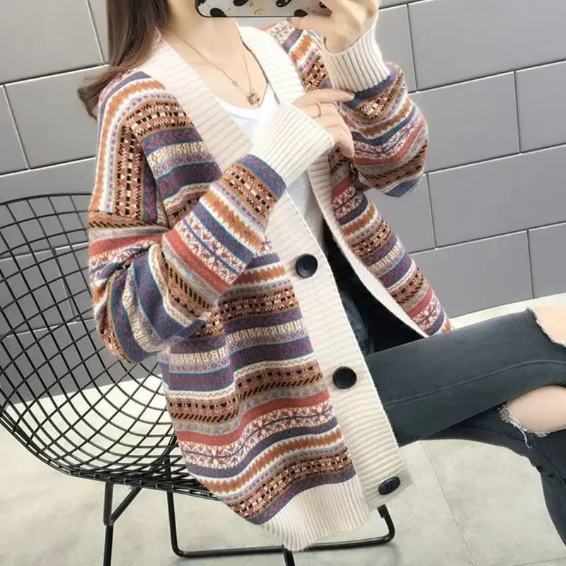 Ethnic Style Spliced Striped Ladies Sweaters Plus Size V-Neck Thick Autumn Winter Screw Thread Single Breasted All-match Loose