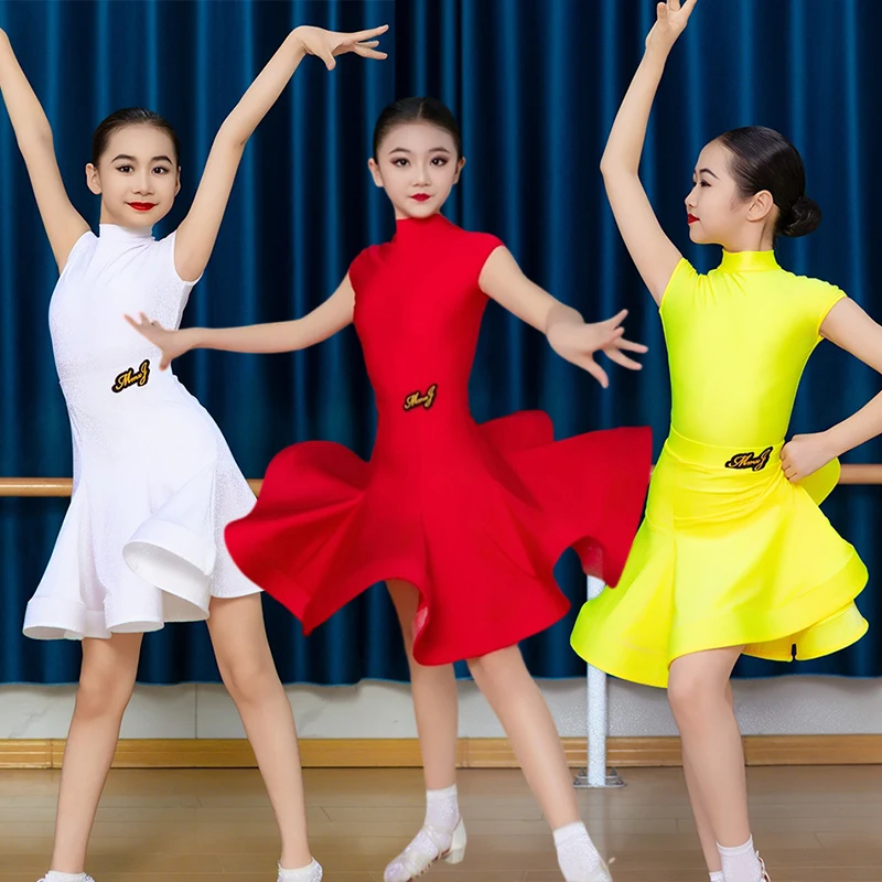 

Summer Girls Latin Dance Costume Kid Competition Clothing Red Dance Leotard Skirt Set Professional Performance Dress White 4037