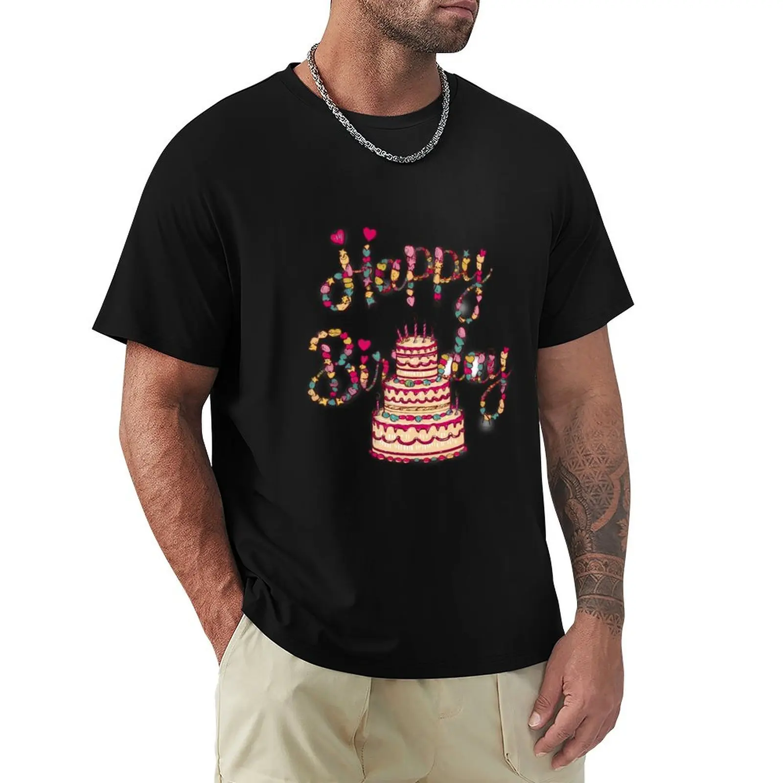 happy birthday Cake Design, balloons Sticker T-Shirt men t shirt cotton 100% T-Shirt