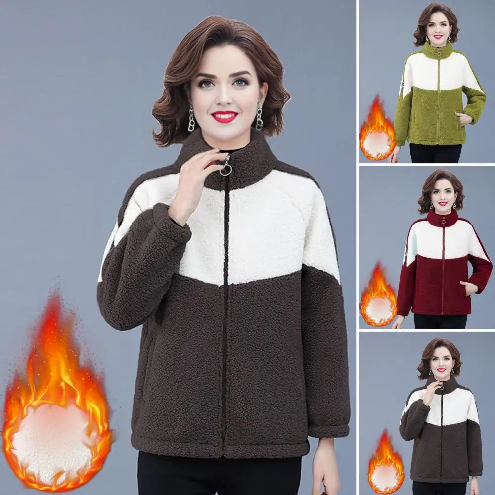 Women Winter Coat Thick Fleece Stand Collar Zip-up Cardigan Long Sleeves Cold-proof Outerwear Daily Wear Outdoor Jacket