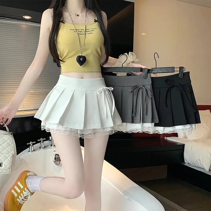 Summer 2026 Sweet Pure Desire Half-length Skirt Lace Splicing High-waist Anti-exposure Ultra-short Skirt Girls Polyester Fabric