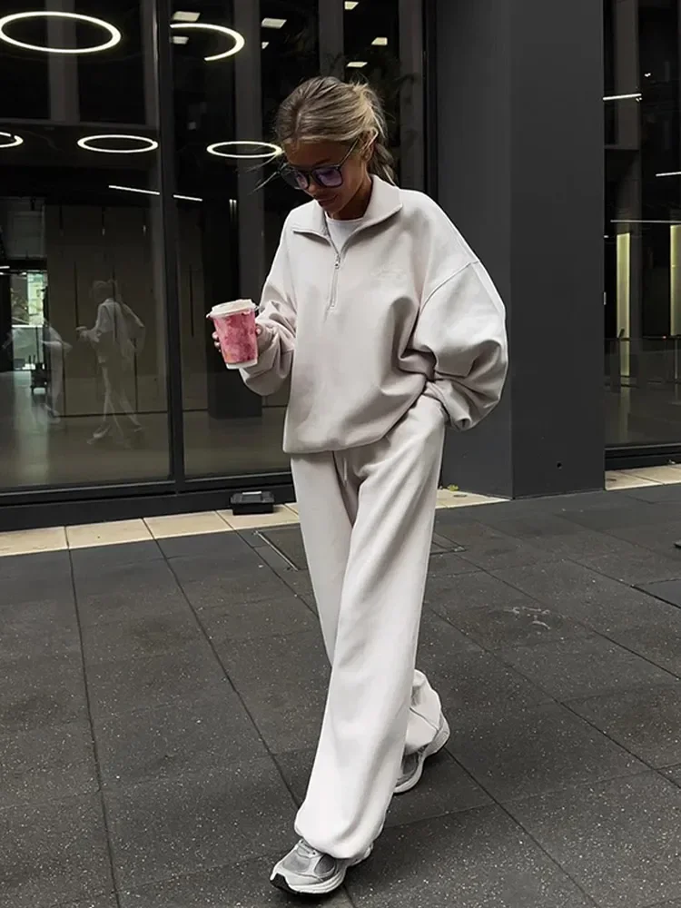 المرأة عادية الصلبة التلبيب الأعلى بدل رجالي موضة سحاب أكمام طويلة فضفاض البلوز الرباط السراويل سيدة 2025 ملابس رياضية جديد #1