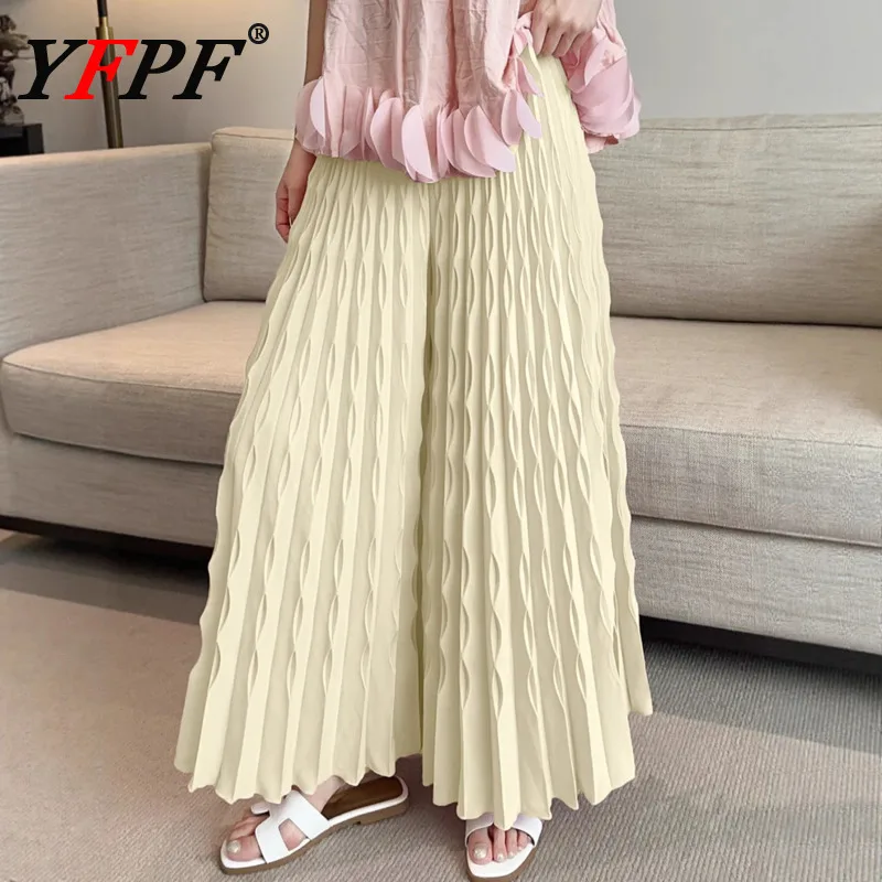 

YFPF Casual Folds Wide Leg Trousers Women Miyake Pleated High Waist Solid Color Loose Long Pants Fashion 2025 New Clothing