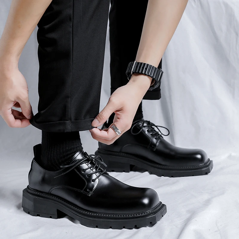 Men\'s Japan Karajuku Korean Style Fashion Streetwear Thick Platform Casual Black Leather Shoes Male Lace Up Dress Leather Shoes