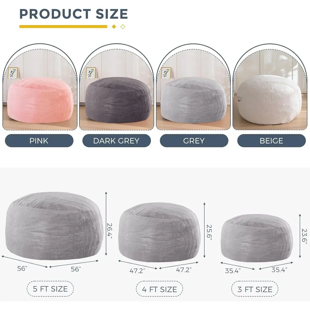 كرسي كيس فول كبير للكبار بطول 3 أقدام مع حشوة إسفنجية، غطاء فرو فائق النعومة، قابل للغسل في الغسالة، مثالي لغرفة المعيشة أو غرفة النوم #2