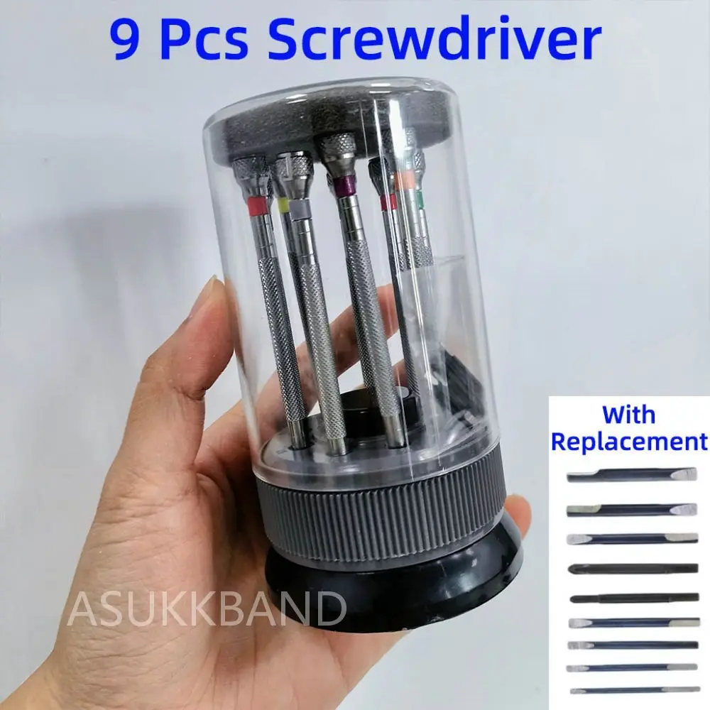 9 buah alat pembuat jam 0.8mm-2.0mm, Set Obeng Phillips datar berslot, Kit perbaikan kacamata Mini, Penyimpanan obeng