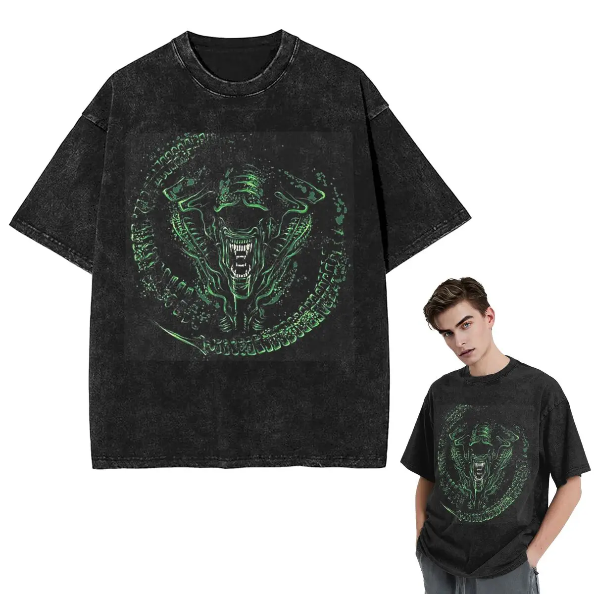 Streetwear T-Shirts FaceHugger Alien Xenomorph Shoulder Washed T Shirt Short Sleeve Hip Hop T-Shirt Tops Tees for Men Women