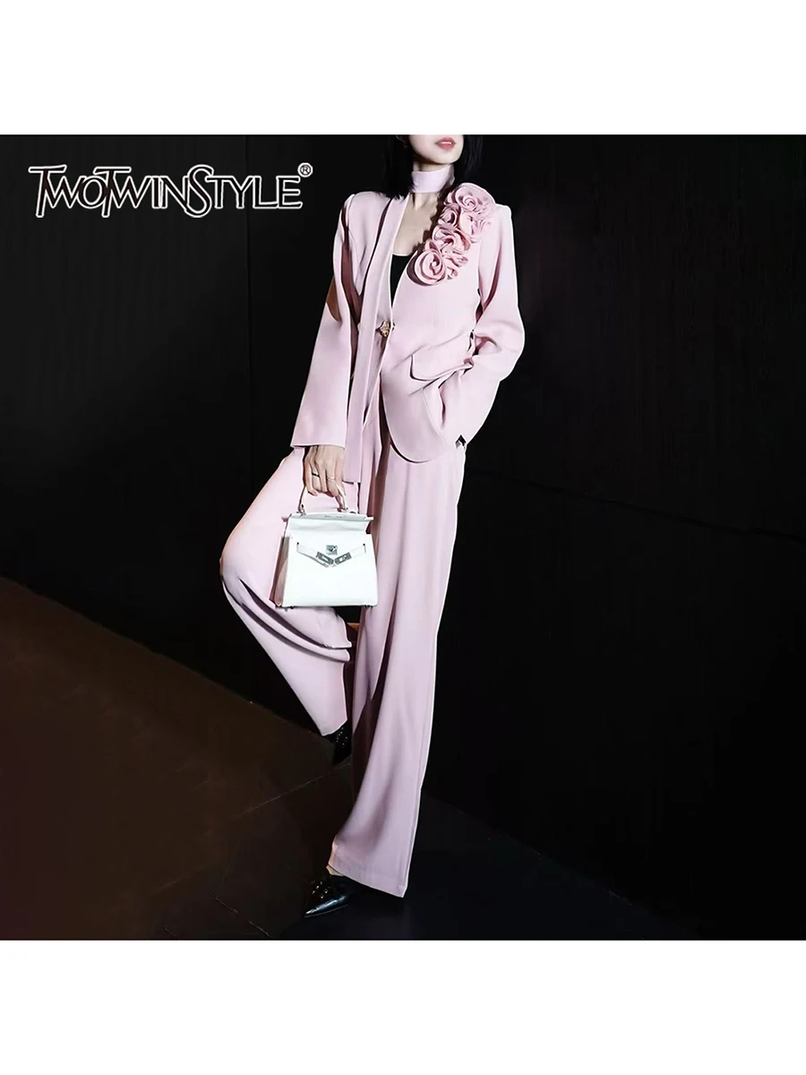 

TWOTWINSTYLE Elegant Two Piece Sets for Women V Neck Long Sleeves Spliced 3D Flower Blazer High Waist Wide Leg Pant Set Female