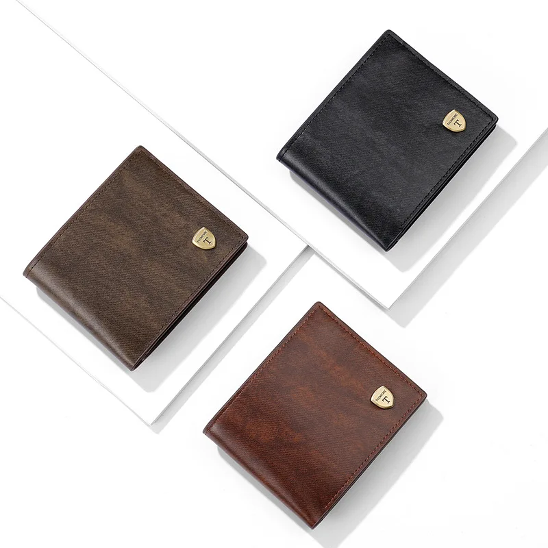 محفظة رجالية قصيرة على طراز الأعمال، ملمس عتيق مع شعار معدني، جودة تجارية عبر الحدود متوفرة في المخزون