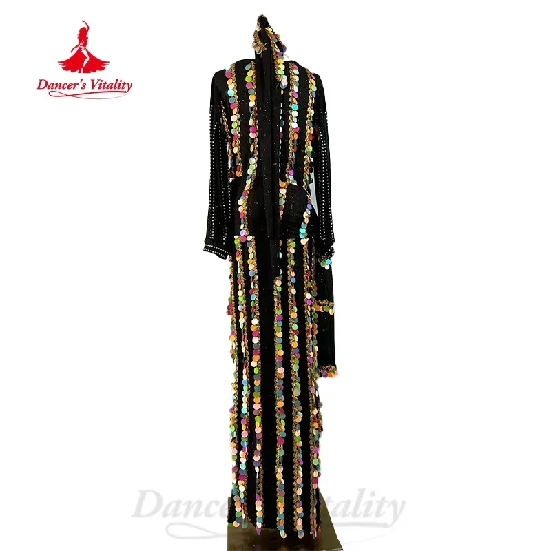 Costume di danza del ventre per le donne abito di paillettes di colore personalizzato + foulard + sciarpa all'anca 3 pezzi abbigliamento da prestazione di danza del ventre orientale