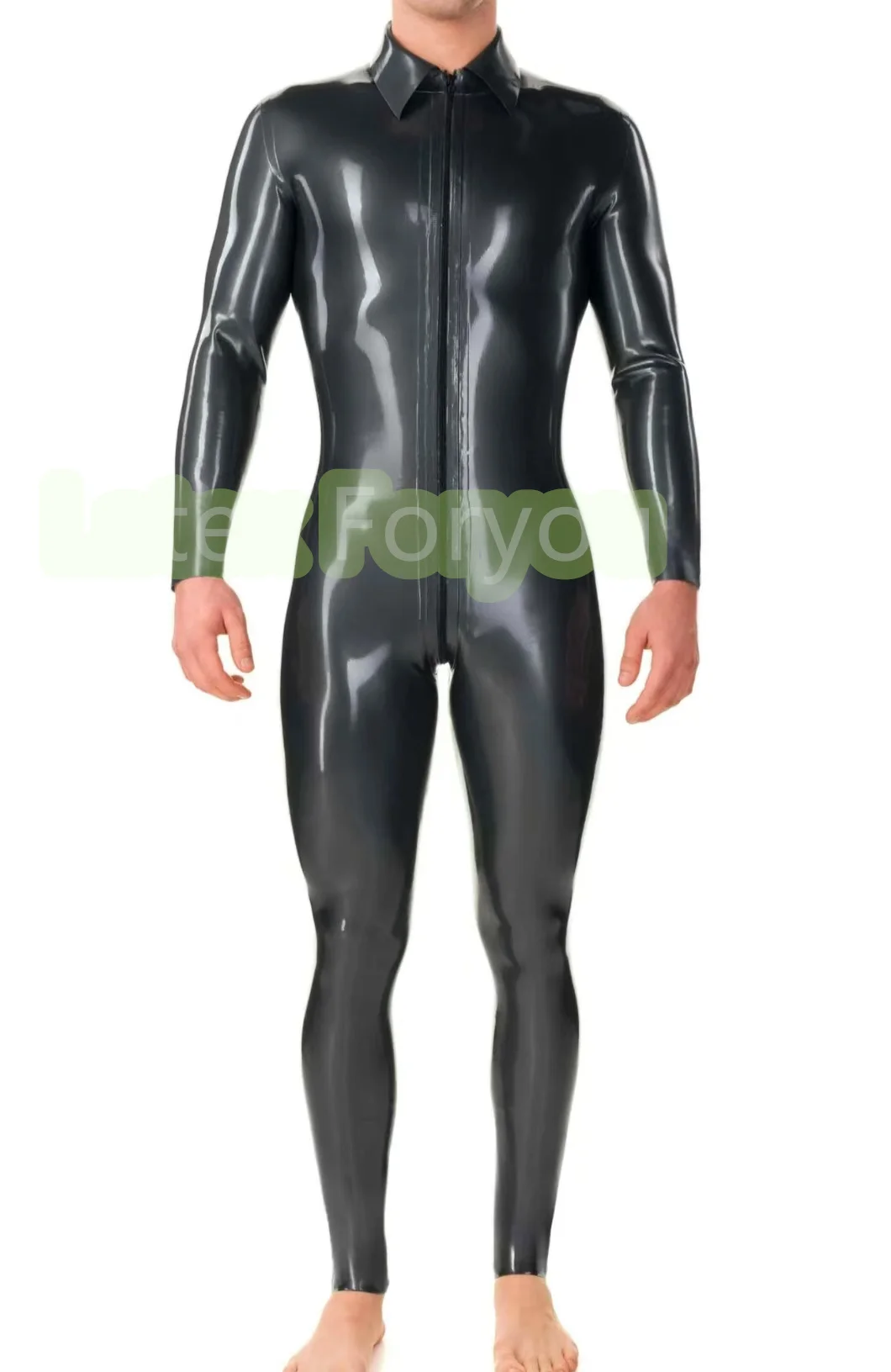 

Natural Latex Fetish Catsuit Men Latex Rubber New Design Male Bodysuit With Fold Collar Front to Crotch Zipper