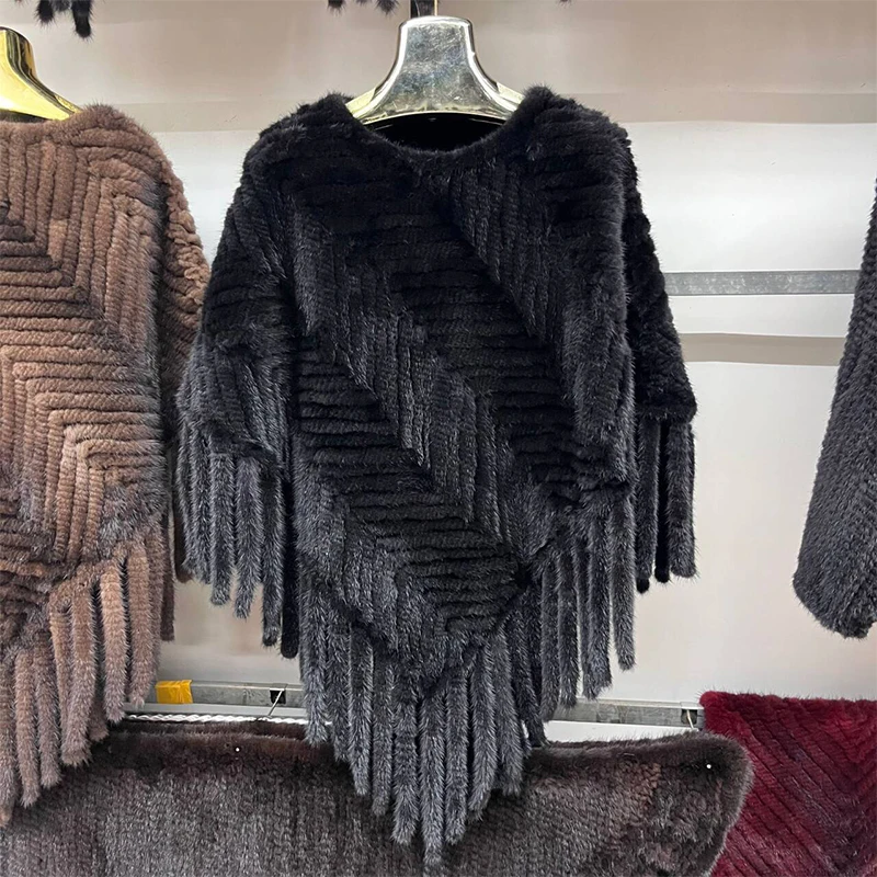 2024 nuovo vero cappotto di pelliccia donna pelliccia di visone naturale lavorato a maglia mantello a righe moda femminile Pulloverop soprabito caldo nappa lusso