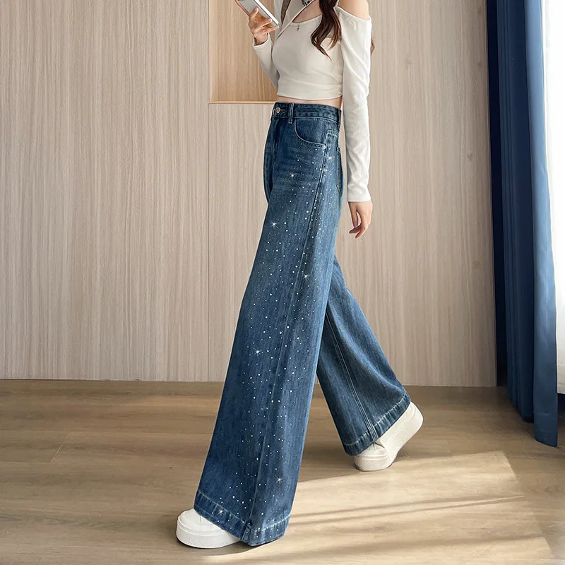 Women's Straight Wide Leg High Waist Simple Basic Casual Trendy Daily Diamond Studded Jeans Pants Female Fashion Denim Trousers