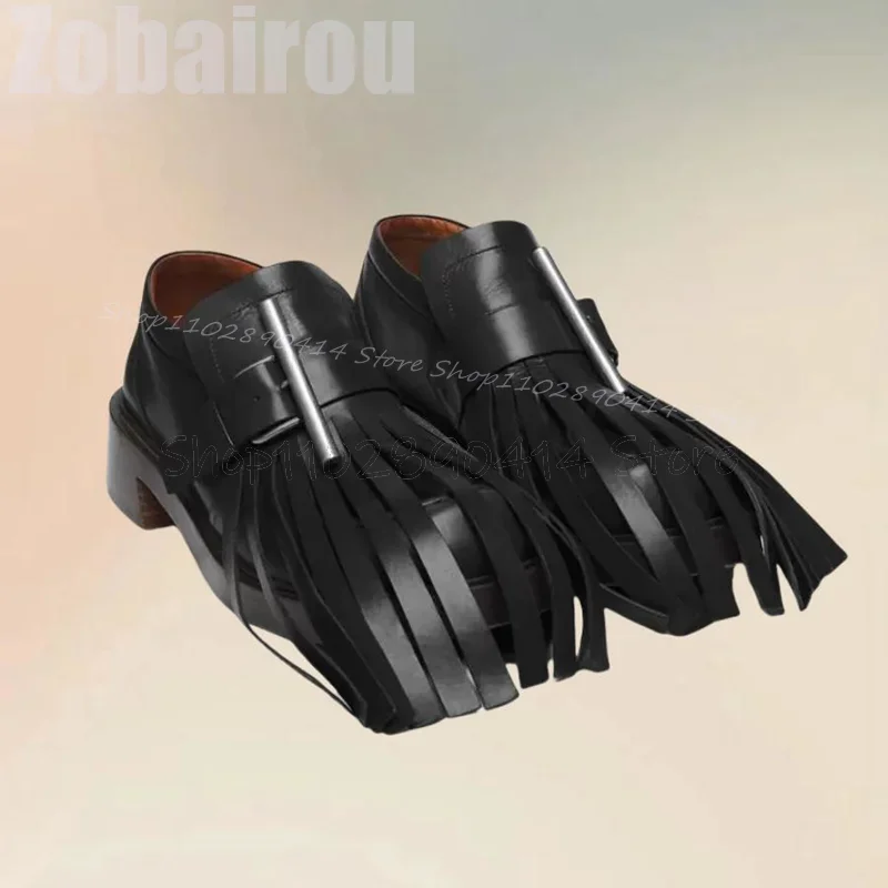

Metal Rod Black Tassels Decor Round Toe Loafers Fashion Slip On Men Shoes Luxury Handmade Party Banquet Office Men Casual Shoes