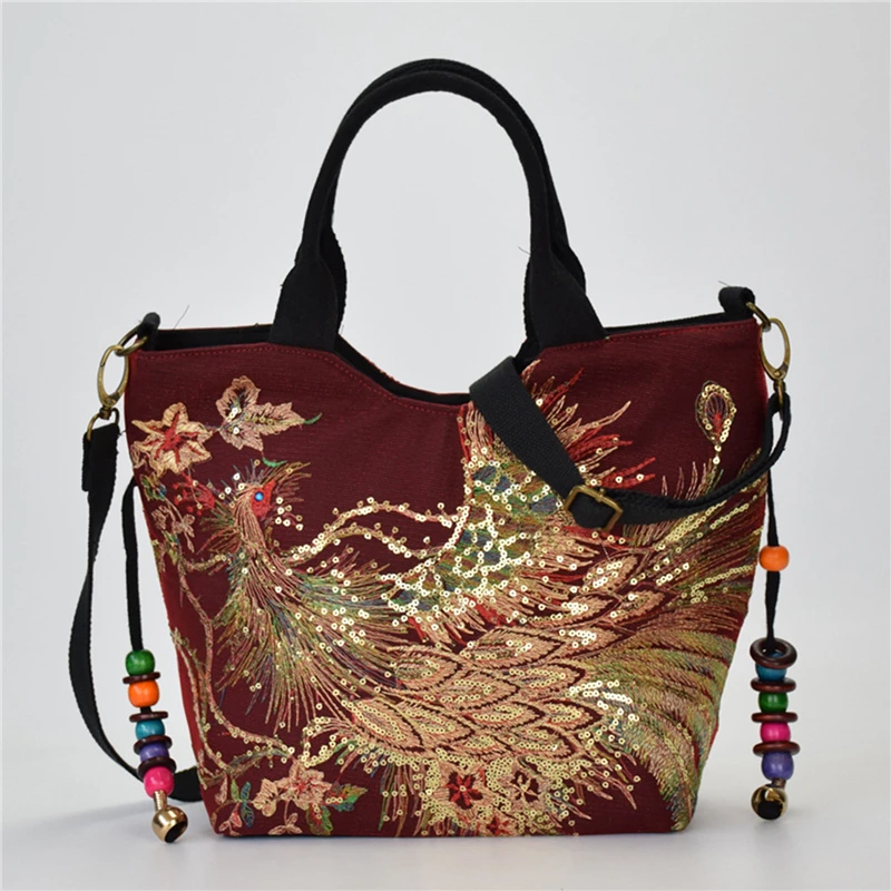 Shiny Sequins Peacock Embroidered Women Canvas Totes Bag, Summer Shopping Shoulder Bag Vintage Beaded String Handbag Black