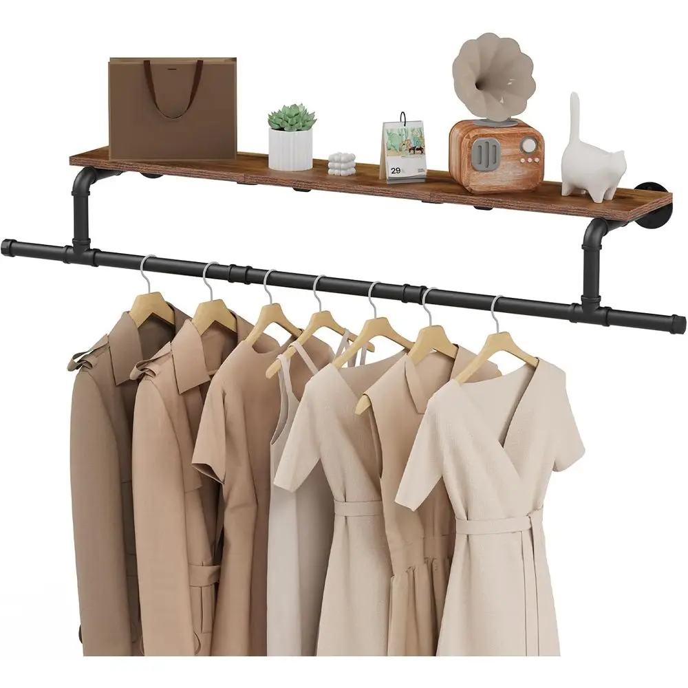 

Wooden, Space Saver Wall Mounted Garment Rack, Heavy Duty Iron Industrial Pipe Clothes Rack Shelf with Hanging Rod, 51.2×10.2×5.