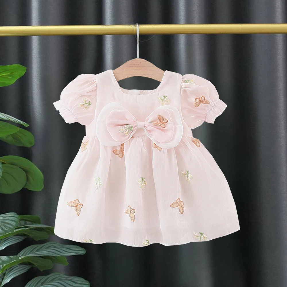 Baby Girl Dress Summer Short Sleeved Butterfly Bow Princess Children Dresses Satin Bubble Sleeves Gorgeous 1st Birthday Gown