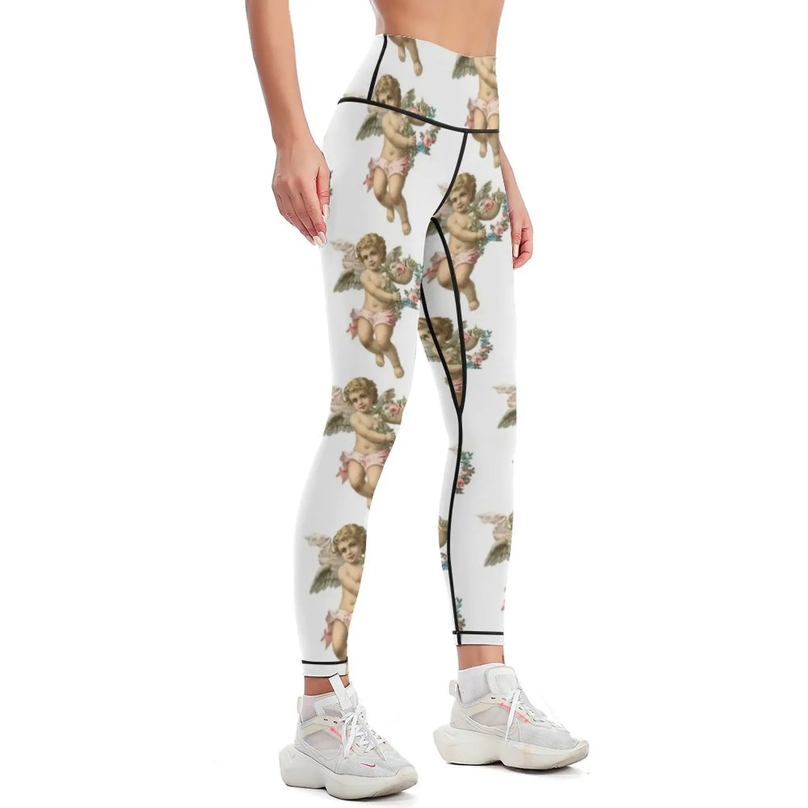 Vintage Cherub Angelic Angel With Flowers Leggings Legging sport Sports female sports tennis for Leginsy push up Womens Leggings