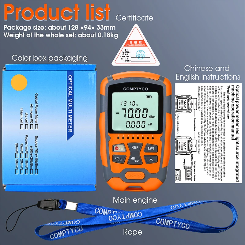 AUA-M70 4 in 1 Multifunction Mini Optical Power Meter Visual Fault Locator Network Cable Test Optical Fiber Tester -70~+10dBm