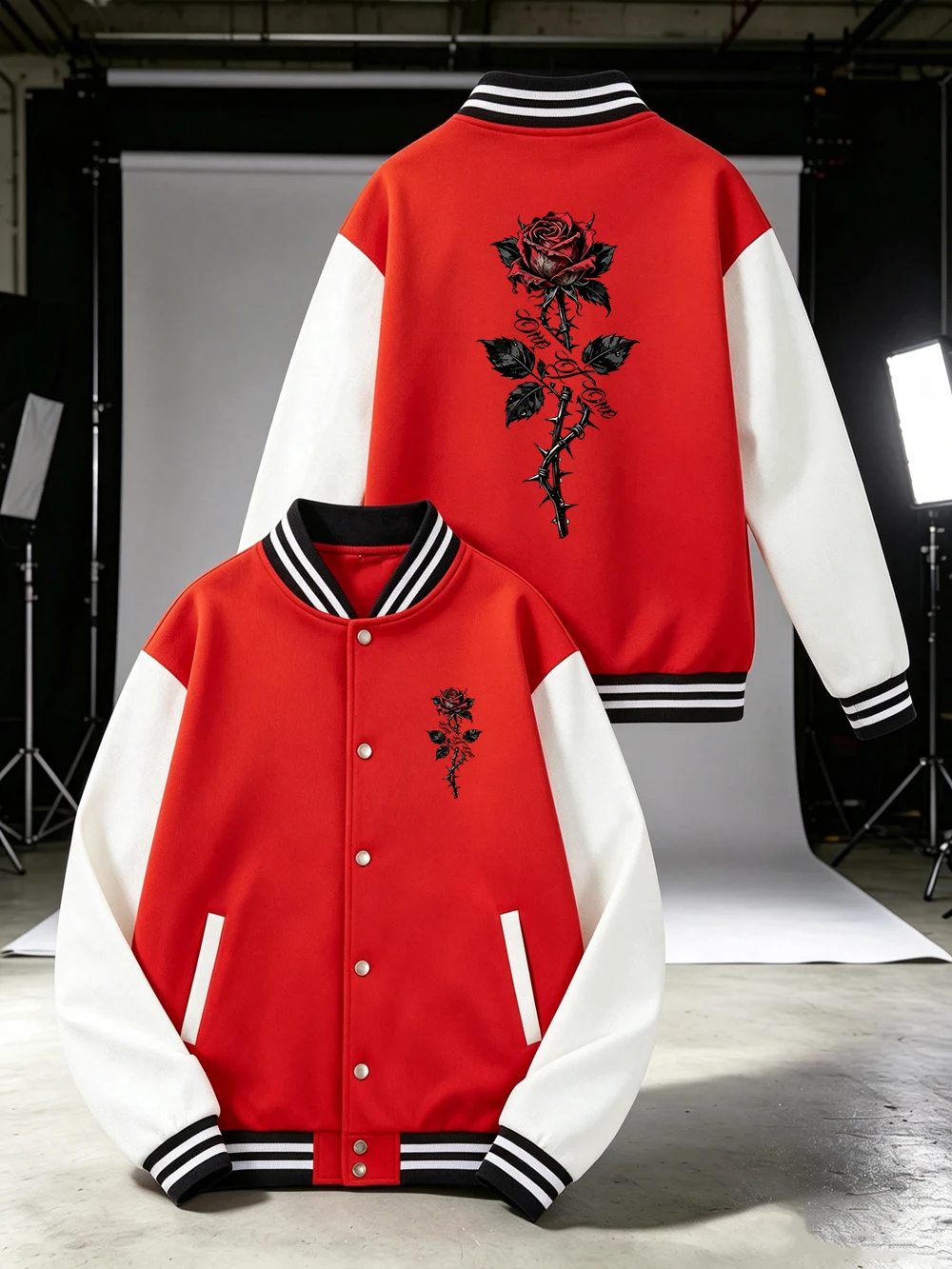 Vintage Rose Prints Jackets Men Street Loose Baseball Jersey Winter Fleece Warm Comfortable Coats Casual Pocket Male Clothes