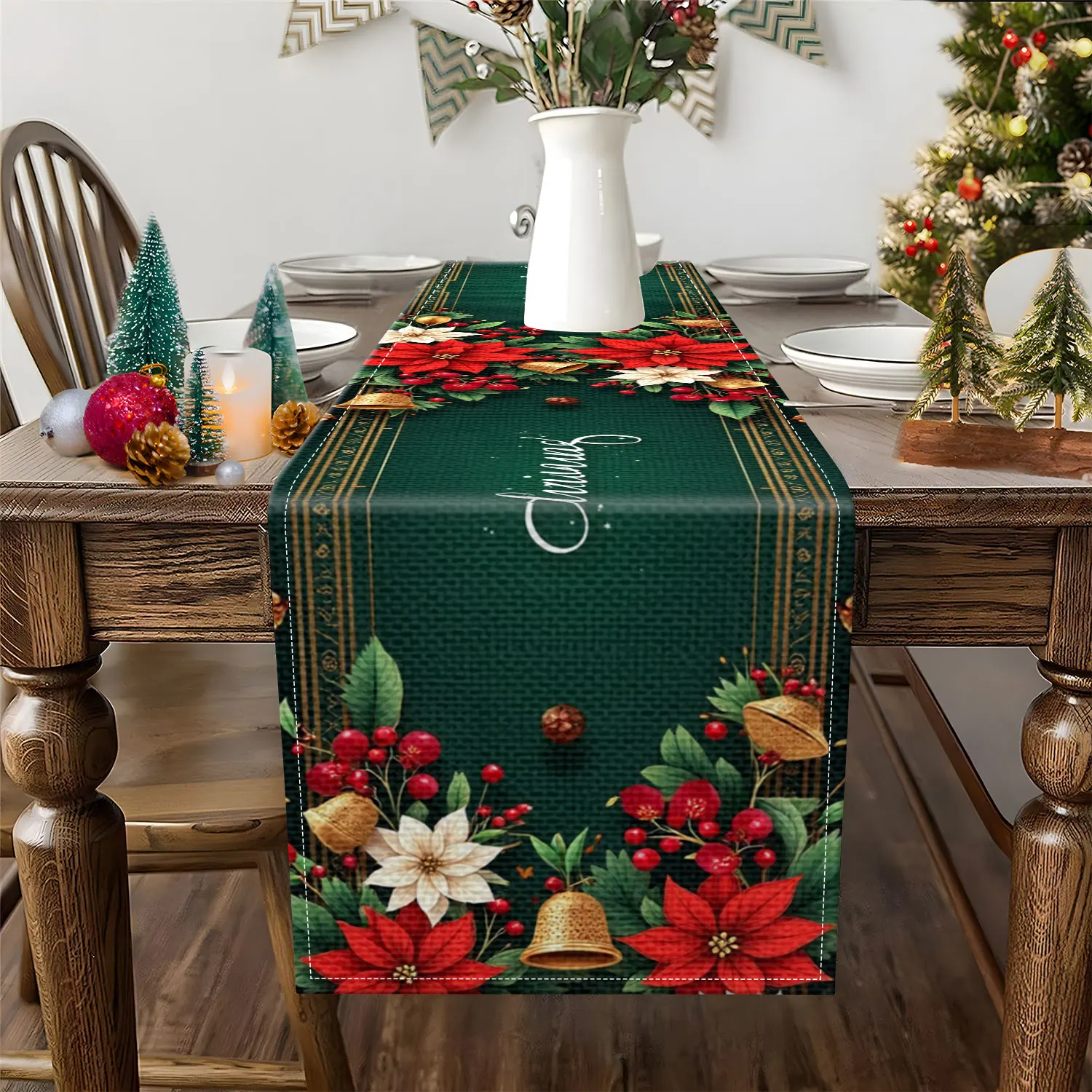 1 Piece of Christmas-Themed Table Runner, Decorated with Poinsettias, Golden Bells and Red Berries, with a Gold Border, Suitable for Christmas Parties, Family Holiday Decorations, and Other Occasions