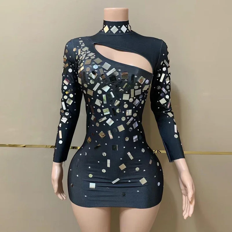 Shiny Mirrors Rhinestones Dress Women Celebrate Evening Dresses Performance Festival Outfit Stage Singer Sequins Dress XS7514