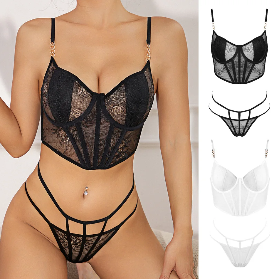 Large size lace transparent lingerie set interesting suspenders two-piece set on the bra to gather women