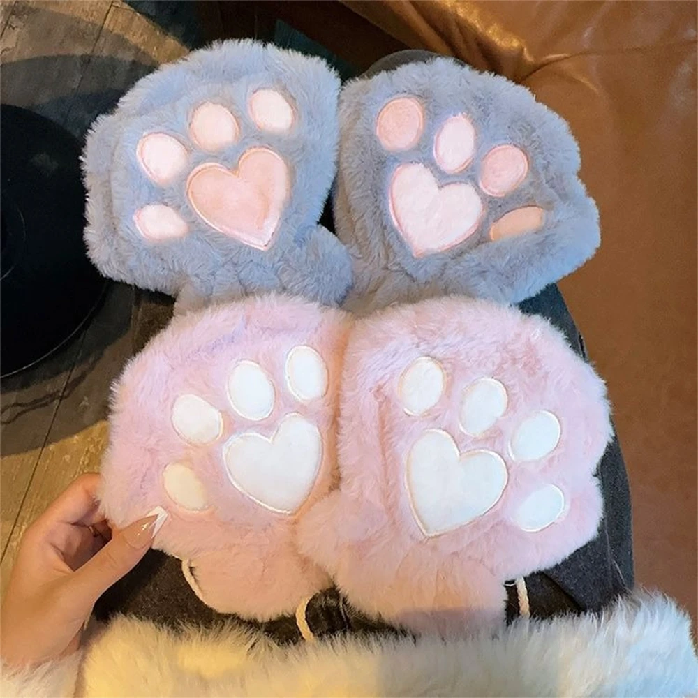 Cartoon Cute Cat Claw Paw Gloves Women Plush Mittens Outdoor Winter Warm Gloves Fluffy Bear Cat Glove Costume Half Finger Gifts