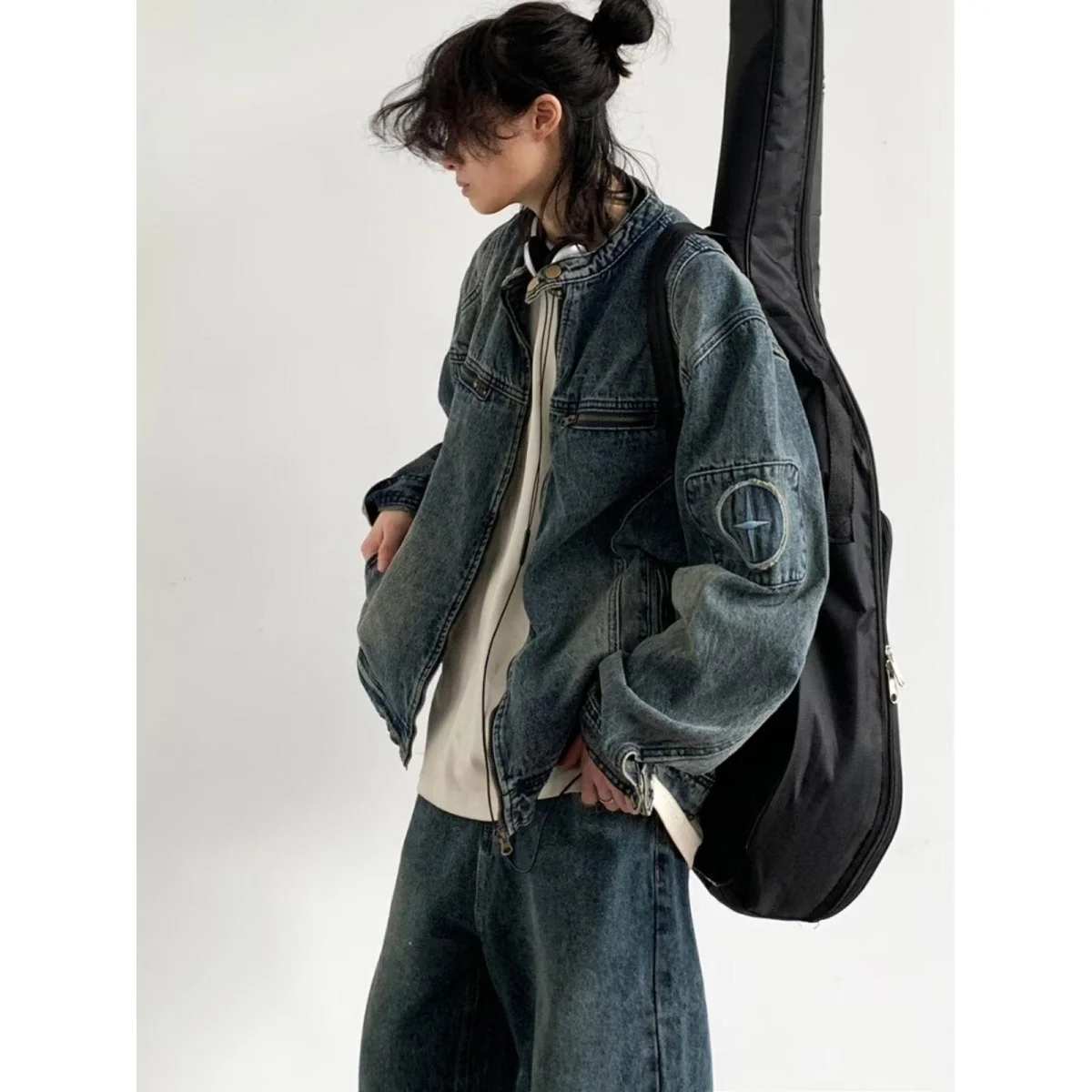 

Retro American Waed Zipper ket Denim Jaet Loose ex Trendy Youthful Polyester Cotton Blend Outerwear Top