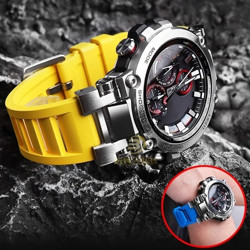 حزام مطاطي قابل للتنفس لـ G-SHOCK كاسيو الصلب القلب MTG-B1000 MTG B1000 تعديل فلورو المطاط حزام الساعات معصمه مقاوم للماء