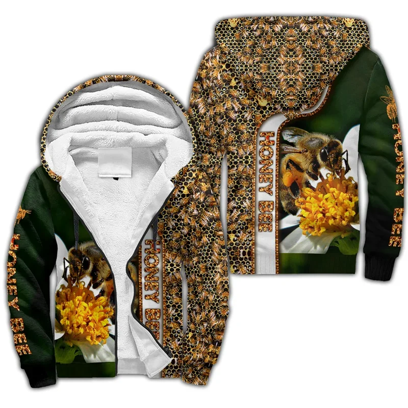 Newest Beautiful Honey Bee 3D All Over Printed Mens Winter Thicker Zip Hoodie Unisex Casual Hooded Tracksuit Warm Fleece Jacket