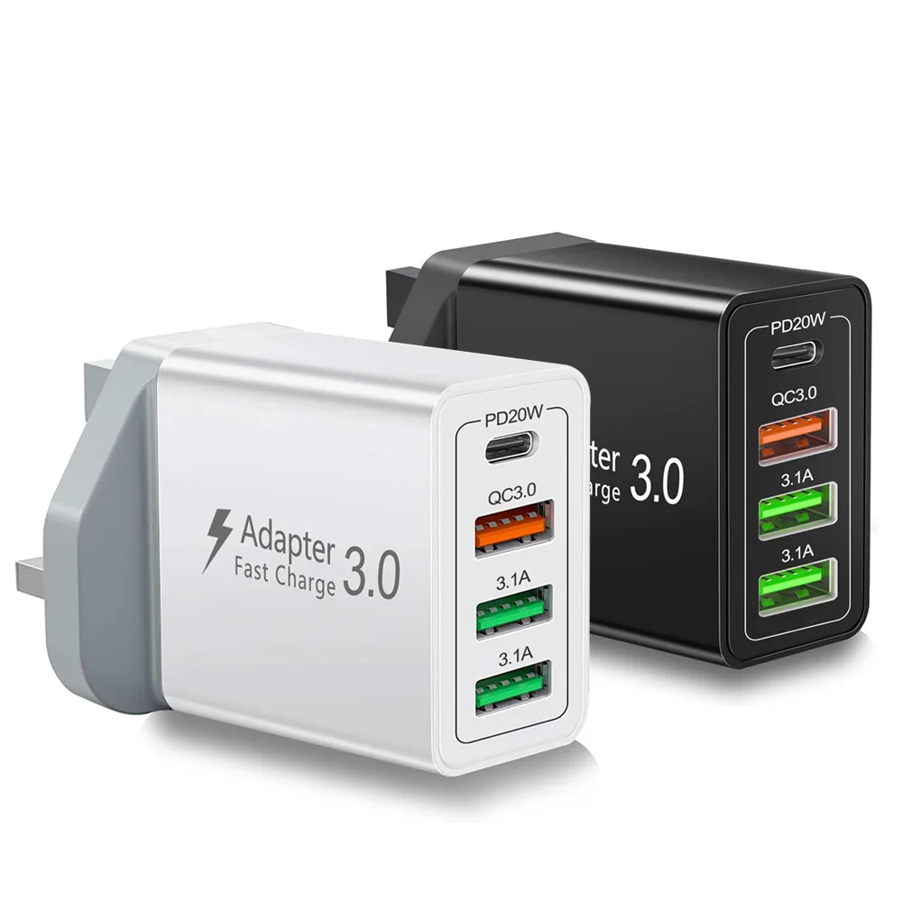 UK Plug 4-Port USB-A&USB-C Wall Charger Adapter, 40W PD QC3.0 Fast Charging Block Mobile Phone Chargers For iPhone Huawei Xiaomi