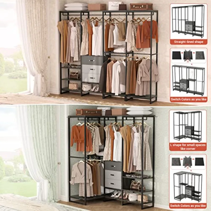 Wood Clothes Rack Wardrobe Organizer for Hanging Clothes, Heavy Duty Garment Rack, Large Corner L Shaped Closet System with 3 W