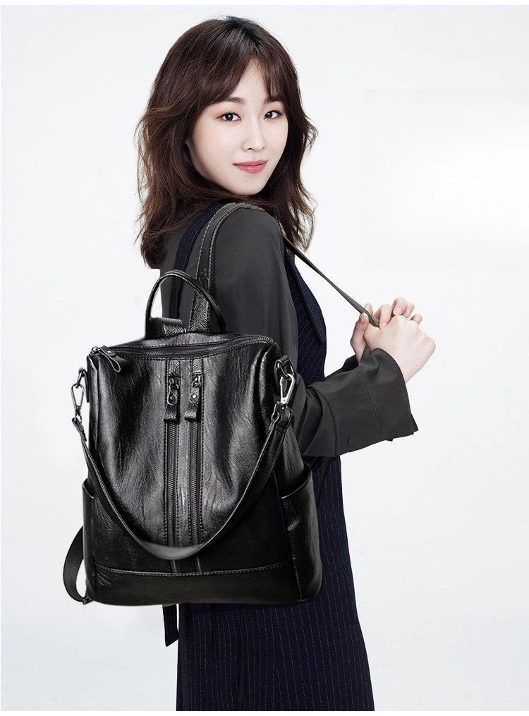 Frauen Weiches Leder Rucksack Schule Schwarz Casual Multifunktionale College Tasche Große Kapazität Schulter Taschen Reise Tote Rucksack