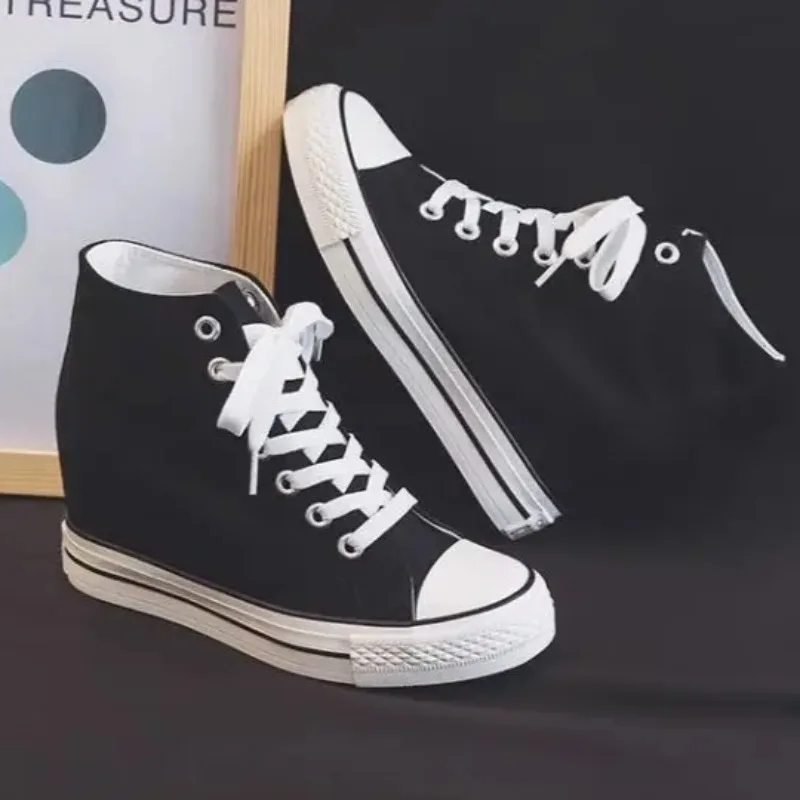 High 8cm Platform Canvas Shoes for Women Hidden Heels High Top Casual Shoes Fashion Designer Thick Sole Wedge Sneakers for Women - view 5