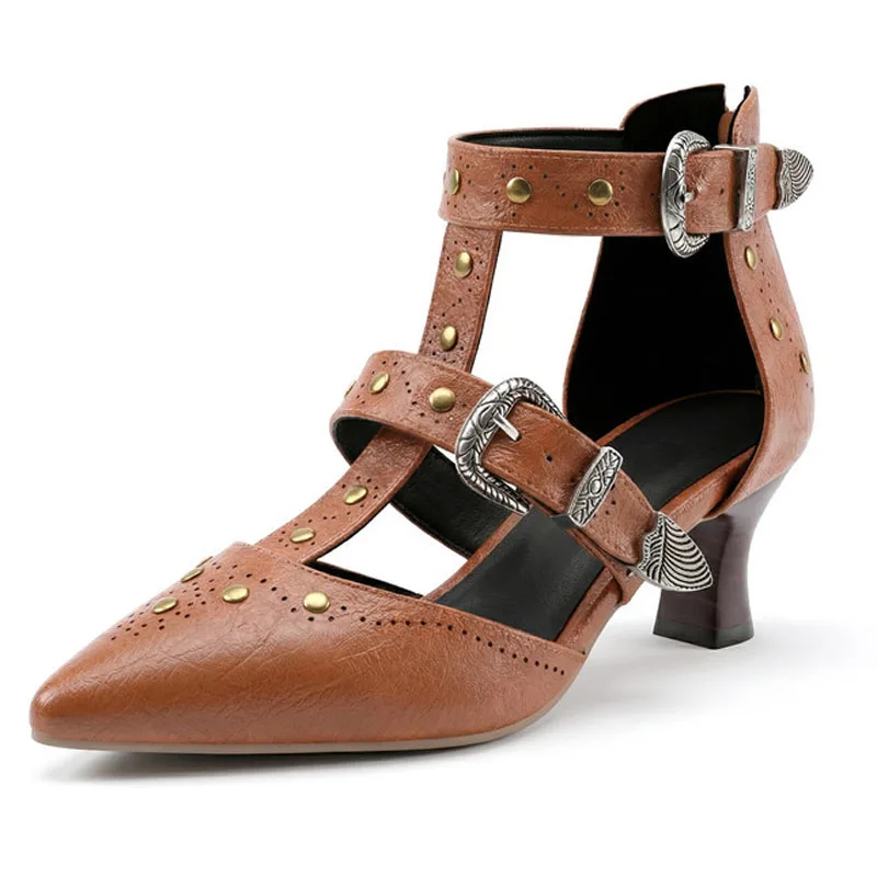 Retro Pointed Toe Women Shoes Spring Summer Middle Heels Sandals Pumps Rivet T-Belt Buckle Strap Gladiator Sandalias WSH5597
