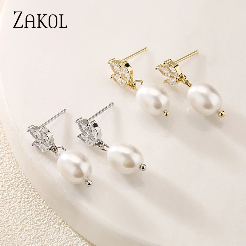 ZAKOL Classic Leaf Marquis Zircon Oval Pearl Drop Earring&Necklaces for Women Elegant Charm Bridal Wedding Jewelry Sets SP3410