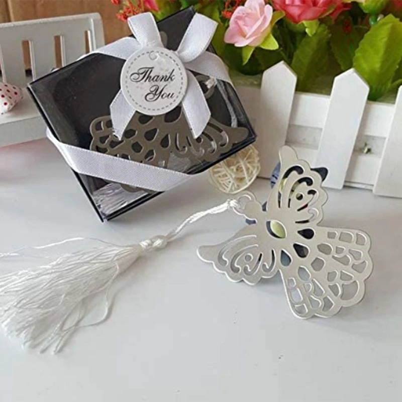 Marcador do anjo do metal com Tassel De Seda Elegante, Presente encaixotado do favor do partido do casamento, Coleção dos amantes do livro, 50Pcs