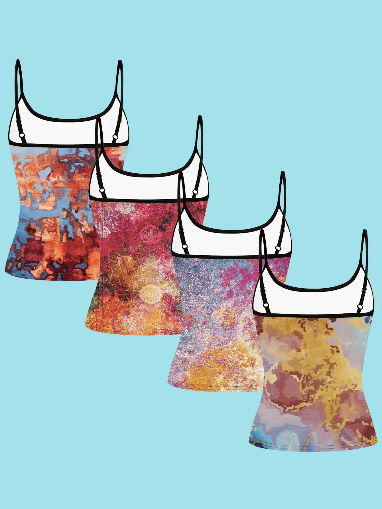 4-Piece Set of Gold-Gilt Abstract Oil Painting Print Spaghetti Strap Camisole Tops for Women, with a Unique Artistic Feel, Slim Fit, Can Be Worn as an Inner Layer or Outerwear