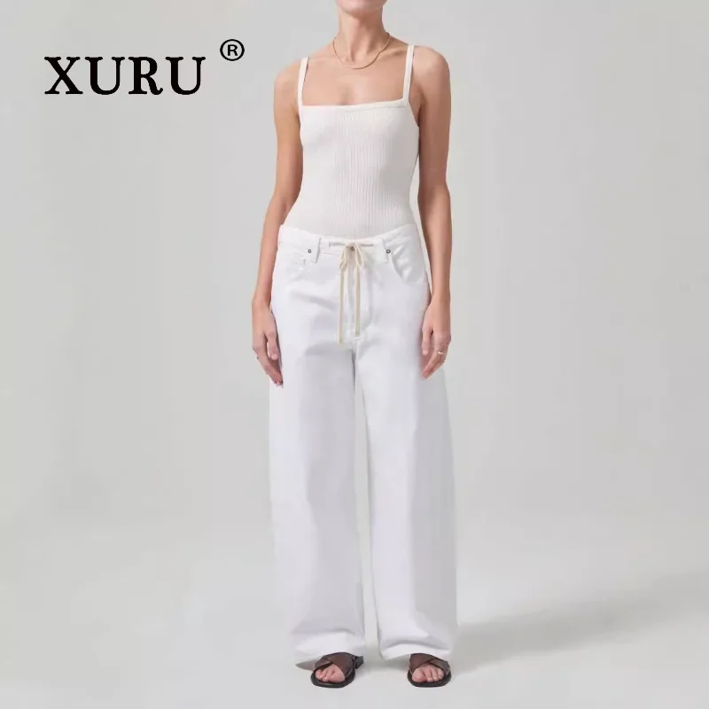 XURU - New Women's Loose Wide Leg Drawstring Jeans, Y2k Clothes Long  Women's   Blue Jeans