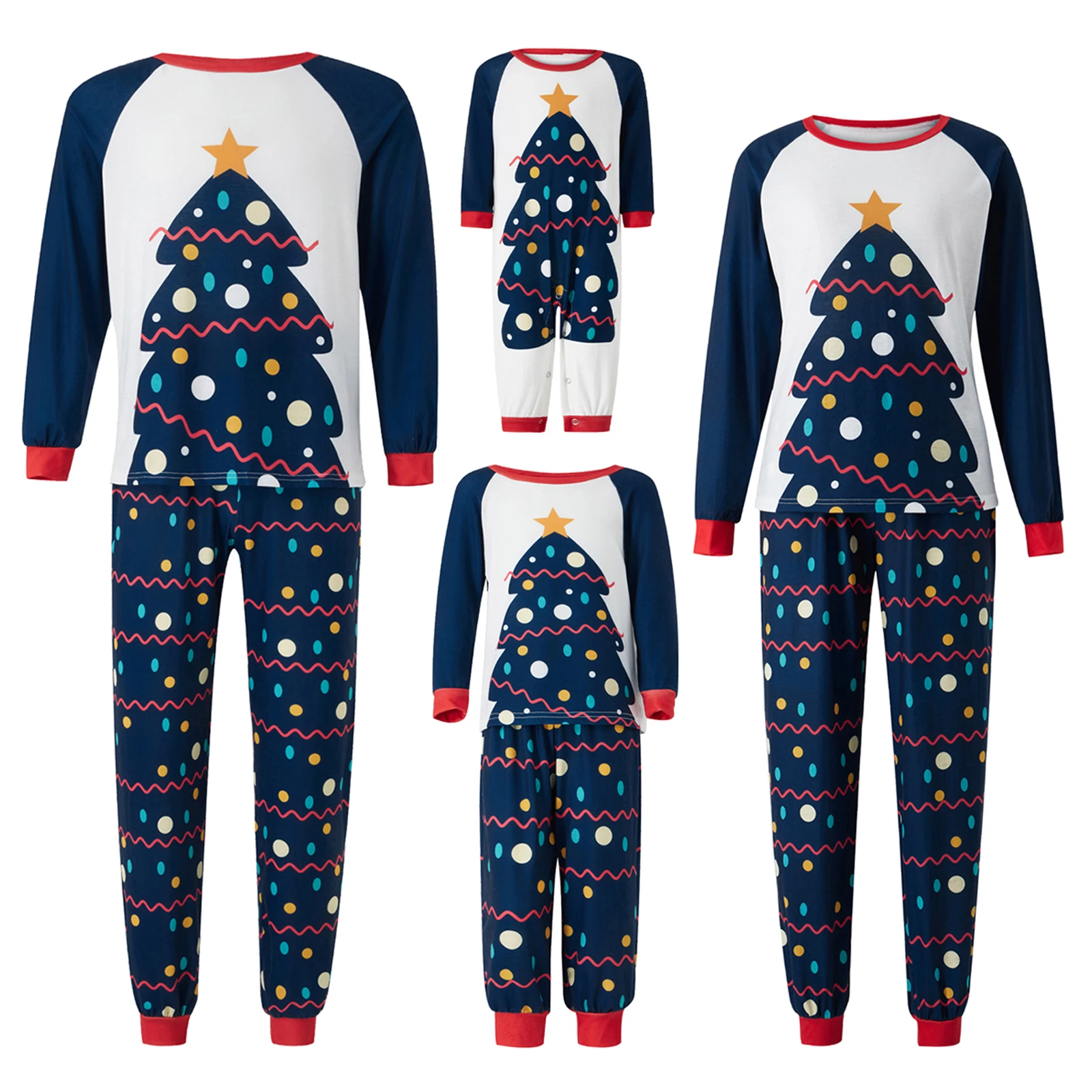 

Christmas Family Pajamas with Tree Print, Color Matching Classic Crew Neck Casual Style Holiday Clothing