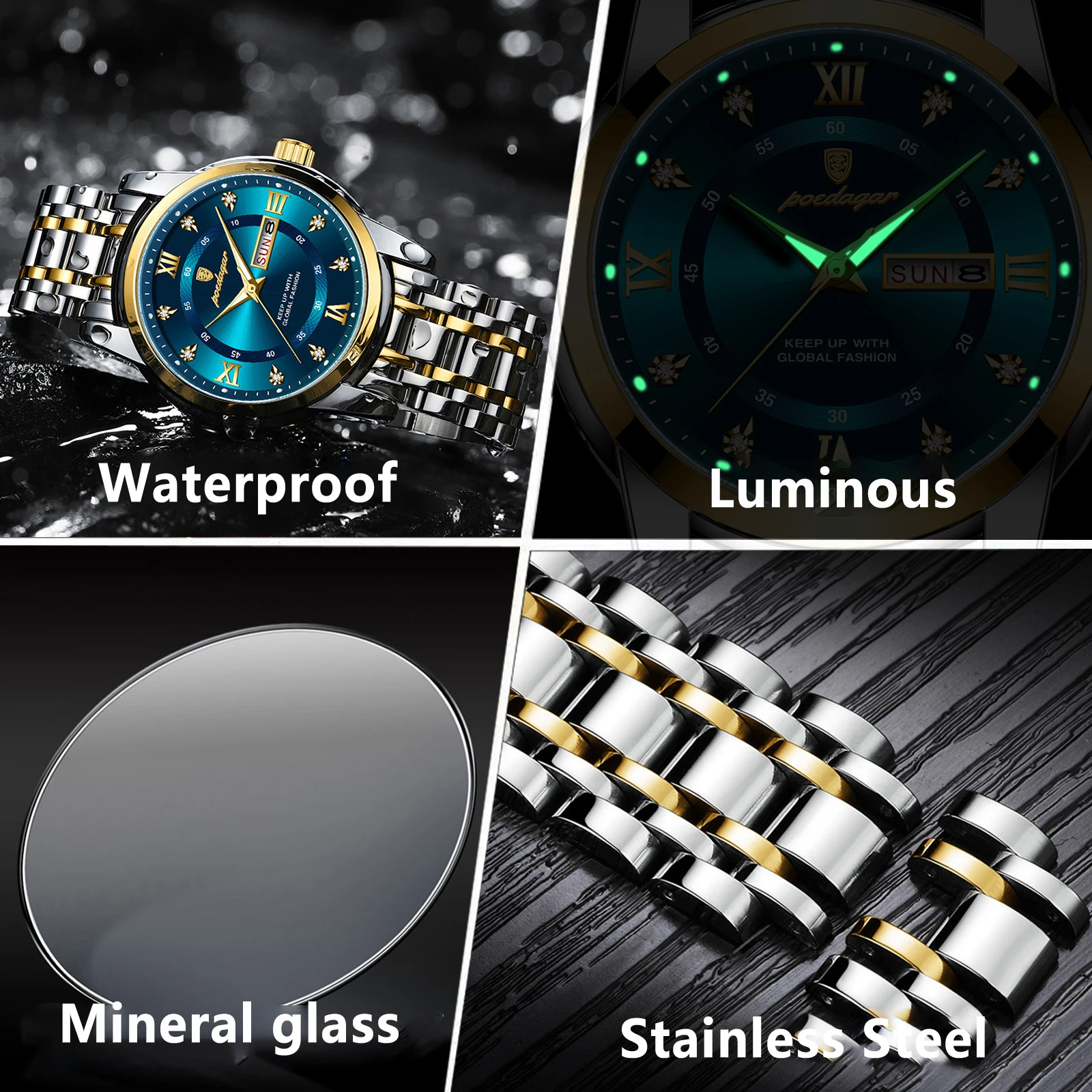 POEDAGAR Men\'s Watches Classic Fashion Original Quartz Watch for Man Roman Diamond Dial Waterproof Luminous Date Week New Reloj