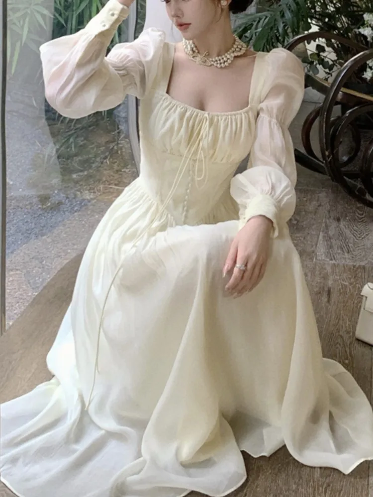 Vintage Princess Party Dress for Women High Waist A-line Lace Up Summer New French Elegant Prom Robe One Piece Vestidos Mujer