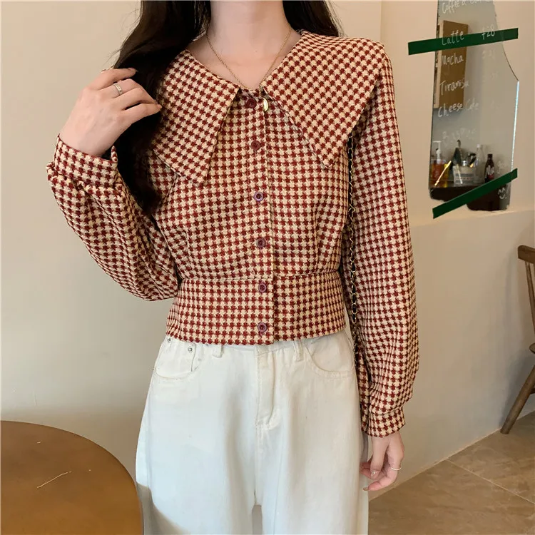 Gidyq Women Plaid Shirts Korean Fashion Streetwear Cropped Long Sleeve Tops Harajuku Female Casual Loose Shirts Autumn New